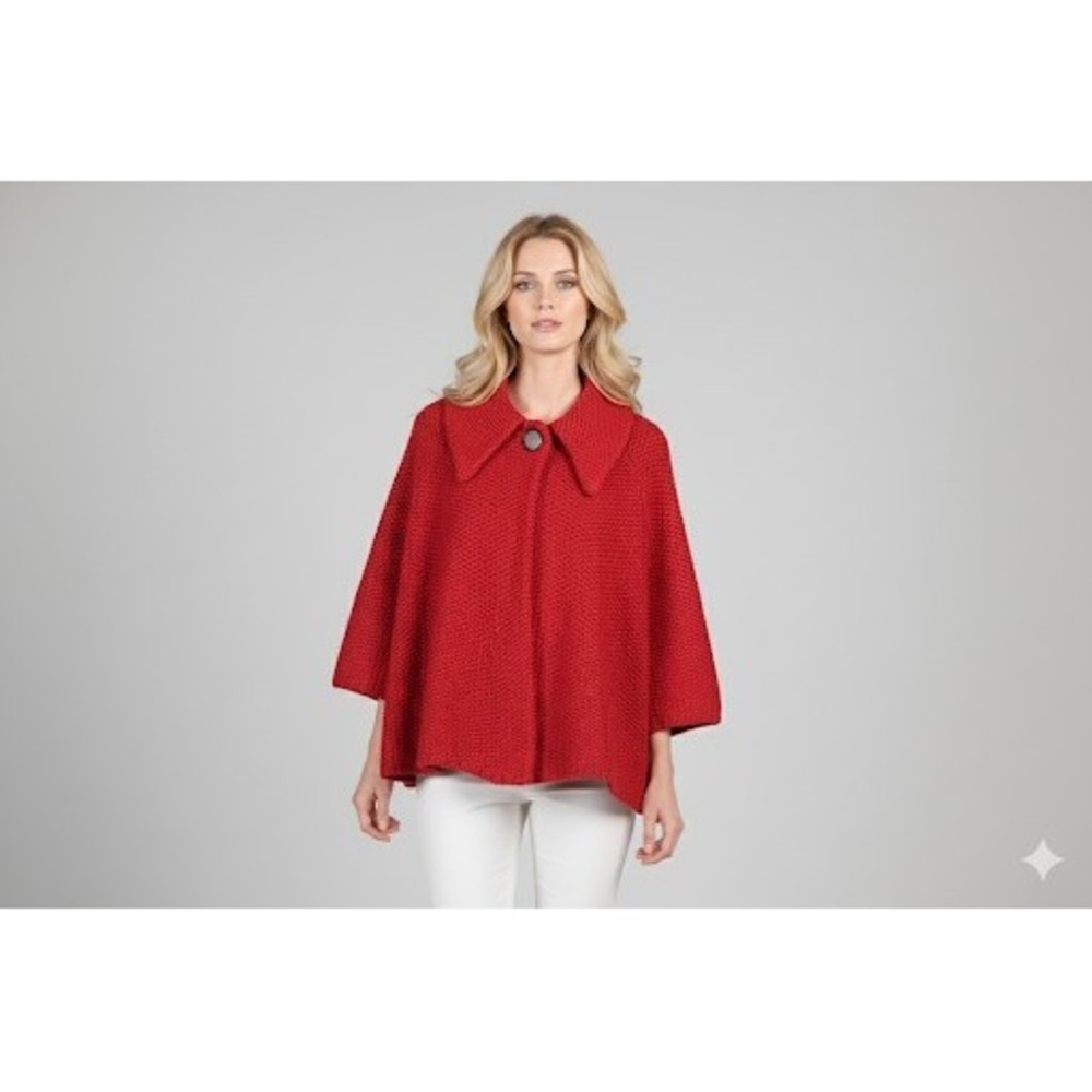 Chico's Size 3 XL Red Chunky Knit Wool Blend Cropped Cape Swing Jacket Button Up